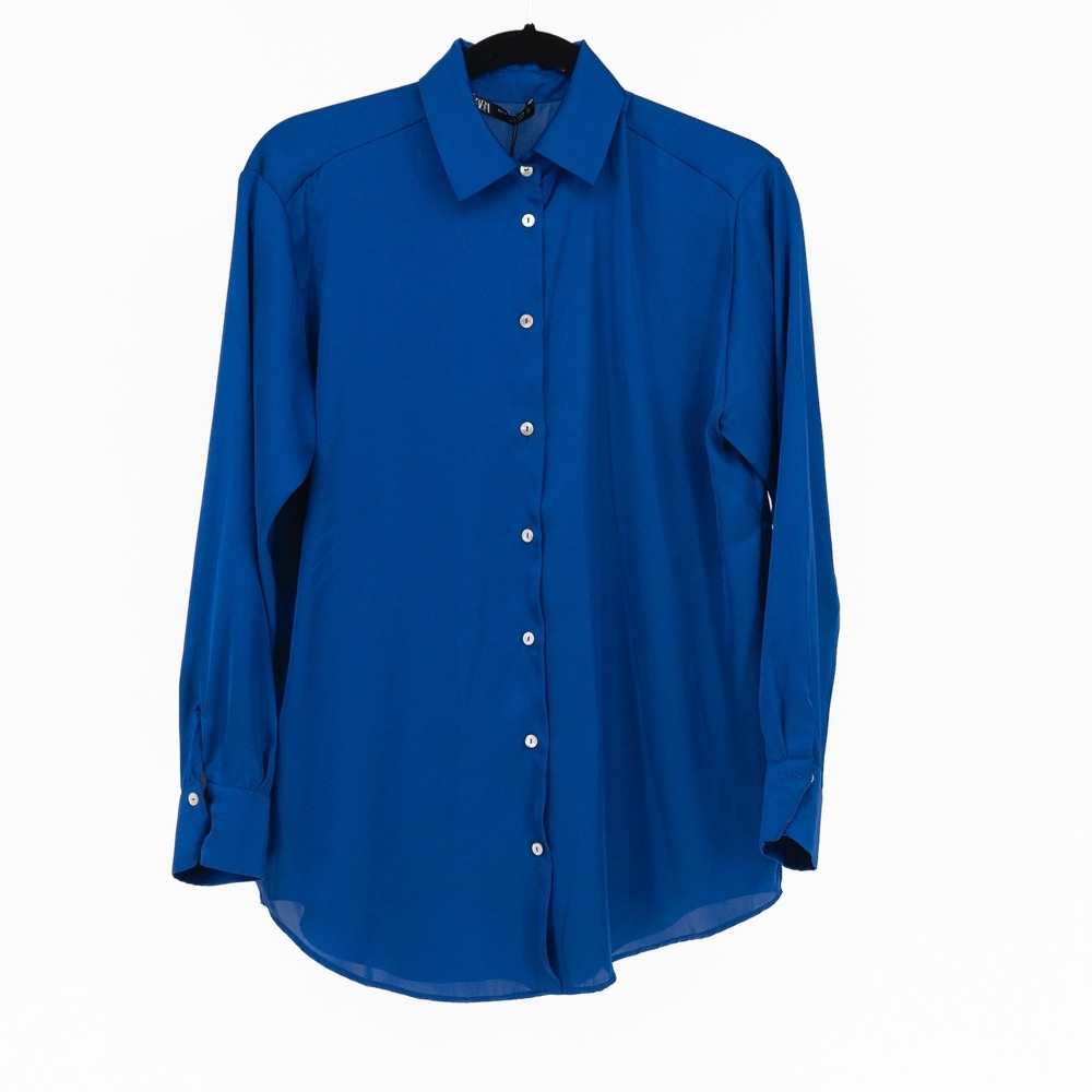 NEW Zara Satin Collared Long Sleeve Button Down Blouse Shirt Cobalt Blue XS